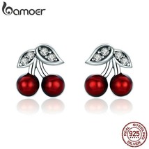 BAMOER 925 Silver Cherry Red Enamel &amp; CZ Stud Earrings for Women Silver Jewelry  - £17.30 GBP