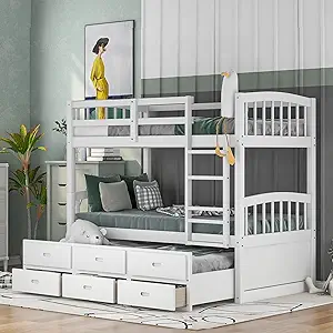 , Wood Bunkbed Frame With Trundle And Storage Drawers For Kids Teens Bed... - $905.99