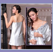 His or Hers Lover's Silver Satin Leisure Lounge Silk Bath Robes with Sash Belts image 2