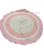 Vintage Handmade Knitted Crocheted Round Table Topper Pink White Scallop... - $18.54