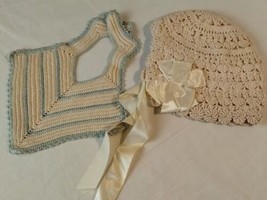 Vintage Embroidered Baby Bib - Crocheted Bonnet With Satin Bows - Child - Doll - £19.49 GBP