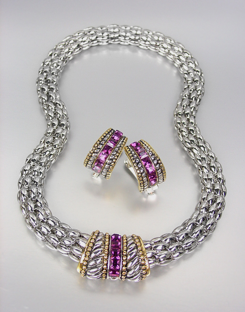 CLASSIC Designer Purple Amethyst CZ Crystals Silver Mesh Necklace Earrings Set - £29.56 GBP