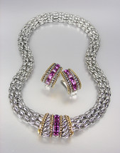 CLASSIC Designer Purple Amethyst CZ Crystals Silver Mesh Necklace Earrings Set - £29.09 GBP