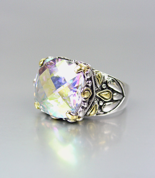CLASSIC Designer Style Iridescent AB CZ Crystal Silver Gold BALINESE Ring