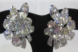 Vtg Signed Eisenberg Clear Rhinestone &amp; Rhodium Clip Earrings Stunning Large - £51.40 GBP