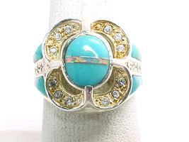 TURQUOISE, OPAL AND CZ RING in STERLING Silver - Size 6 3/4 - Designer ROX - $90.00