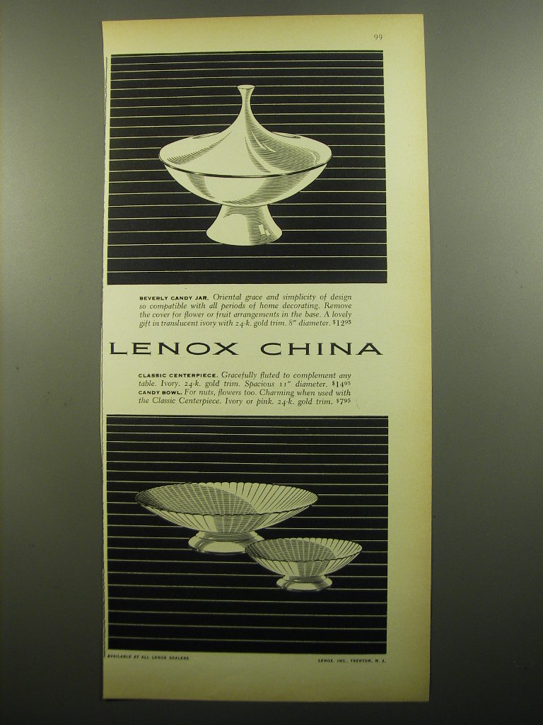 Primary image for 1960 Lenox China Ad - Beverly Candy Jar, Classic Centerpiece and Candy Bowl