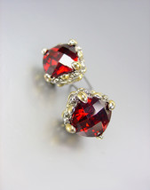 Designer Petite Silver Gold Balinese Filigree Red Garnet Cz Crystals Earrings - £15.97 GBP