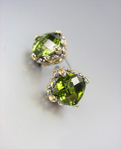 Designer Petite Silver Gold Balinese Filigree Olive Green Cz Crystals Earrings - $19.99