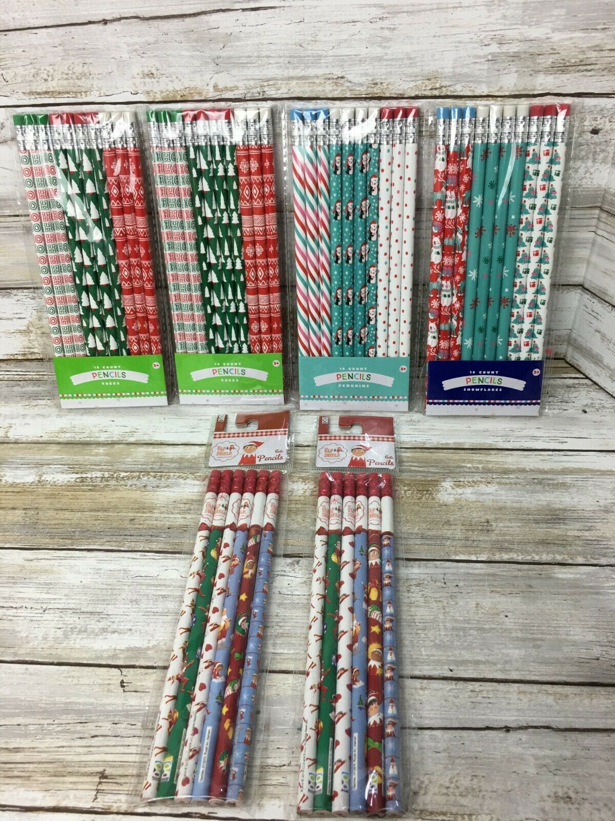 Primary image for Christmas Themed Pencils 6 Packs Elf on Shelf Snowman Snowflakes Penguin Trees