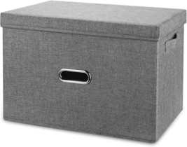 Valease Linen Fabric Collapsible Storage Bins With Removable Lids, Grey, Medium - £26.88 GBP