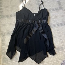 Sz L  Black Chiffon Satin Frederick’s of Hollywood Chemise Handkerchief hem - $18.55