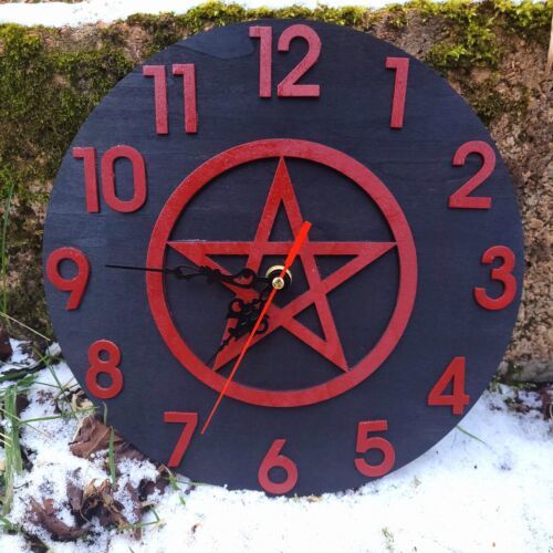 Handmade Wooden wall Clock Pentagram Wicca Witchcraft Viking Pagan Witch Runes - £26.84 GBP