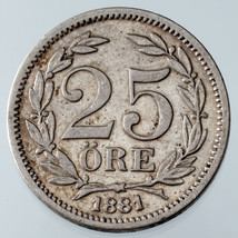 1881-EB Sweden 25 Ore Silver Coin in XF Condition KM #739 - $51.98