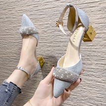 Bling Crystal High Heels Pumps Women Elegant Pearl Buckle Square Heels Wedding P - £28.44 GBP