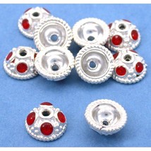 Bali Bead Caps Sterling Silver Red Enamel 7mm 10Pcs Approx. - $13.84