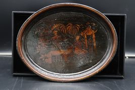 Vtg Laquered Wood Serving Tray w/ Asian Themed Design Oriental Decor Unique - $70.06 CAD