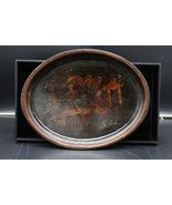 Vtg Laquered Wood Serving Tray w/ Asian Themed Design Oriental Decor Unique - $70.06 CAD
