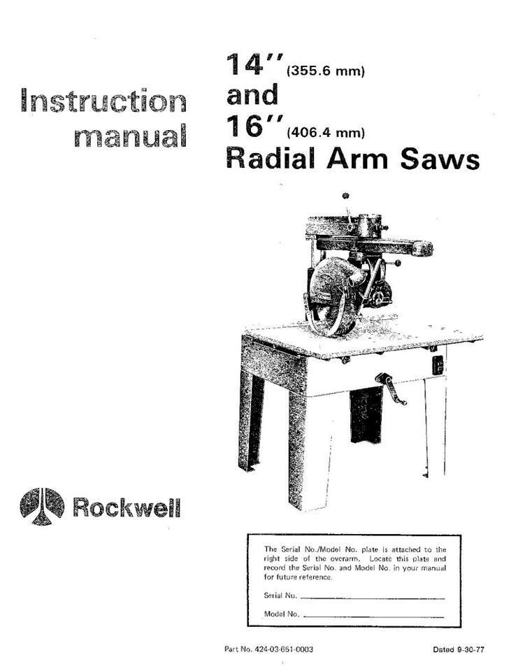 Rockwell 14" & 16" Radial Arm Saw Instruction Manual - $22.24