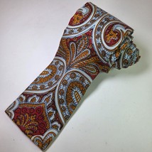 Vintage Rooster Flat Tip Tie Paisley Red Gold White Hand Printed USA 3.25&quot; - $23.99