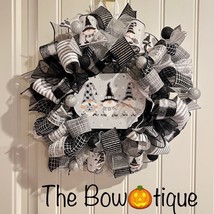 13 inch Halloween Ribbon Wreath Black White Gnome MW2 - £39.11 GBP