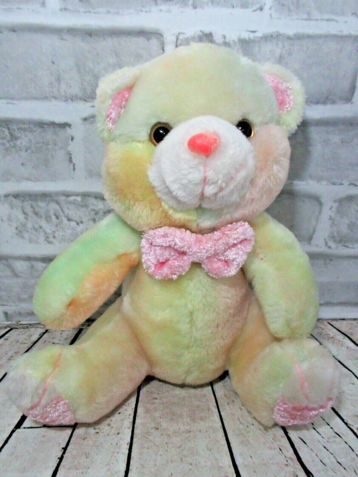 Shalom Toy plush pastel tie-dye multicolor teddy bear blue yellow pink bow feet - £15.63 GBP