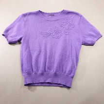 Vintage Purple Short Sleeve Knit Sweater Girl Top M Banded Crew Neck Applique  - £15.07 GBP