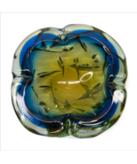 Vintage Blue Yellow Art Glass Folded Edge Dish Bowl Thick Heavy 7.5&quot; - $38.58