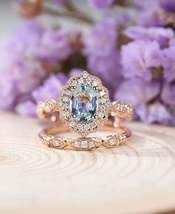 1.60Ct Oval Cut Aquamarine Halo Women&#39;s Bridal Ring Set 14K Rose Gold Finish - £69.69 GBP