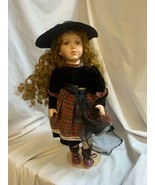 Vintage 16” Porcelain Doll Plaid Skirt Hat with Stand - £11.22 GBP