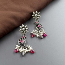 Indian Dangle Style Real 925 Sterling Silver Oxidized Kundan Pearl Earrings - £48.26 GBP