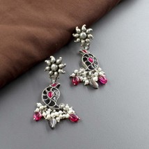 Indian Dangle Style Real 925 Sterling Silver Oxidized Kundan Pearl Earrings - £48.55 GBP