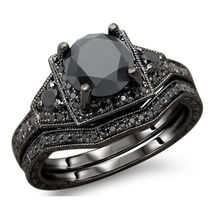 14k Black Gold Finish 2.3ct Black Diamond Bridal Wedding Ring Set - £55.59 GBP