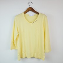 Karen Scott Womens L Citron Aura Yellow Cotton Embellish 3/4 Sleeve Top NWT K15 - $18.61