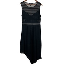 BCBG MAXAZRIA Dress Large Black Beige Mesh Stripe Leona Asymmetrical Midi Sheer - £35.18 GBP
