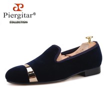 new style Handmade men navy velvet shoes with gold metal on shoes toe fashion pa - £176.50 GBP