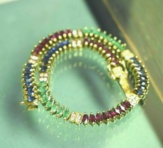 Estate Vintage 14k Yellow Gold Over 9.8Ct Emerald Diamond Ruby Sapphire Bracelet - $182.50