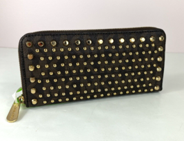 Michael Kors  Gold Studded Wallet Logo Brown Coated Canvas Zip Accordion W38 - £55.32 GBP