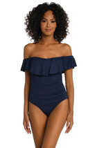 La Blanca | Navy Blue Island Ruffle Off-Shoulder One-Piece - Womens 4 - £23.97 GBP