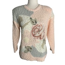 Vintage 80s Boucle Knit Sweater S Pink Embroidered Rose Applique Beaded Pullover - £25.13 GBP