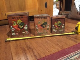 Vintage 3 Piece Mid Century hand painted Wood Kitchen Canister Set roost... - $11.00