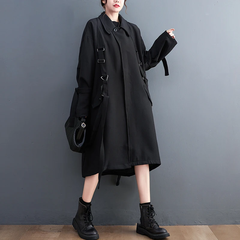 Oladivi Large Size  Black Long Trench Coat  Spring Autumn New Casual Loose Overc - £462.43 GBP