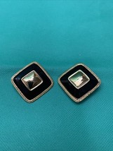 Vintage Gold Tone Black Clip On Earrings Retoro Estate Jewelry Find KG - $9.89