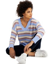 Hippie Rose Juniors Striped V-Neck Sweater,Blue Combo,Medium - $34.99