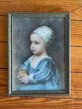 Vintage Cute Chubby Girl in Blue Dress &amp; White Bonnet Print in Gilt &amp; Green Pain - £11.86 GBP