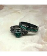 1.86Ct Simulated Emerald 14K Black Gold Plated Engagement Trio Ring Set ... - $198.56