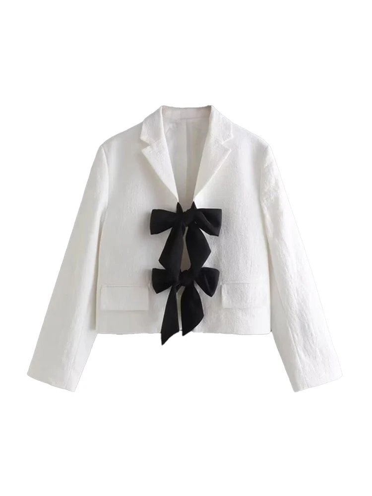 Zevity Women  Contrast Bow Tied Tweed Blazer Coat Vintage Long Sleeve Flap Pocke - £143.76 GBP