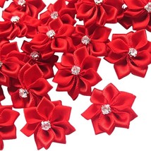 Red 40Pcs 28Mm(1 1/8&quot;) Ribbon Flowers Bows Rhinestone Wedding Ornament A... - $14.99
