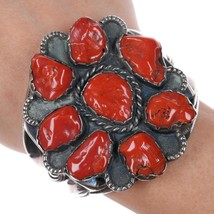 6 1/8&quot; Huge Vintage Native American sterling red coral cluster cuff bracelet - £925.11 GBP