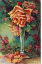 1910 Yellow Flower Roses Vase Germany Birthday Greeting Casey IL Postcard E18 - £5.63 GBP